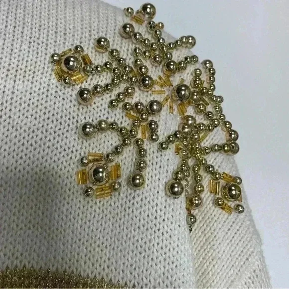 Lew Magrum VINTAGE gold and cream, gold beaded snowflake Christmas sweater SZ-L - Picture 9 of 11